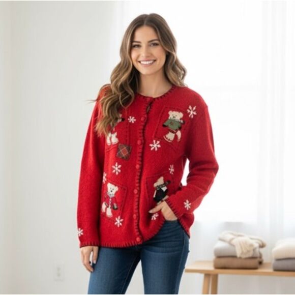 Christmas Cardigan Croft & Barrow Red Holiday Sweater Button Front Bears Size M - Picture 1 of 6